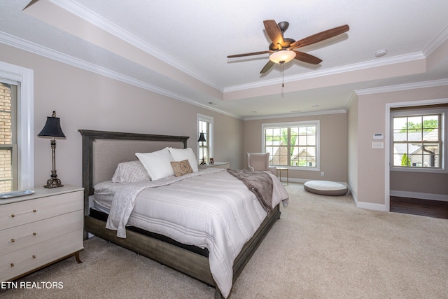 3336 Beaver Glade Ln, Knoxville, TN 37931 - bedroom featuring light carpet, crown molding, a raised ceiling, baseboards, and ceiling fan