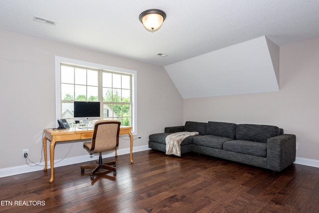 3336 Beaver Glade Ln, Knoxville, TN 37931 - home office with dark wood-style flooring, baseboards, and vaulted ceiling