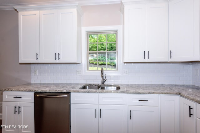 3336 Beaver Glade Ln, Knoxville, TN 37931 - kitchen featuring dishwasher, a sink, tasteful backsplash, white cabinets, and ornamental molding