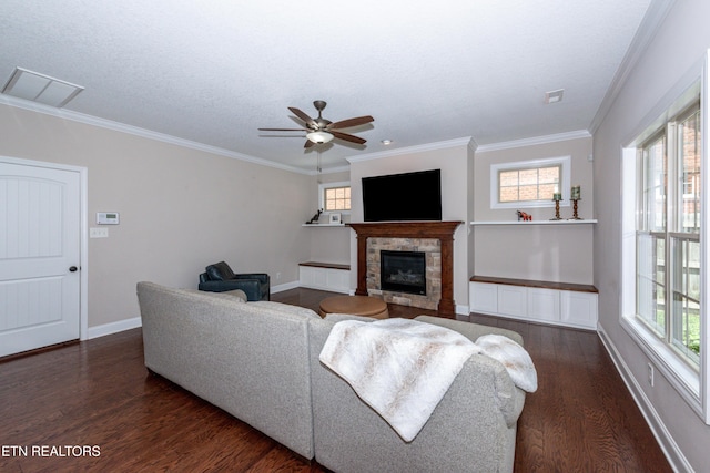 3336 Beaver Glade Ln, Knoxville, TN 37931 - living room featuring dark wood finished floors, baseboards, ornamental molding, a fireplace, and ceiling fan