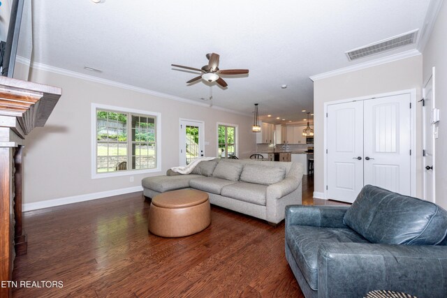 3336 Beaver Glade Ln, Knoxville, TN 37931 - living room featuring a ceiling fan, ornamental molding, dark wood-style floors, and baseboards