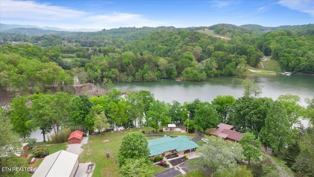 bird's eye view featuring a water and mountain view and a wooded view