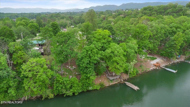 drone / aerial view featuring a water and mountain view and a forest view