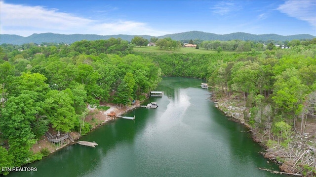 aerial view featuring a water and mountain view