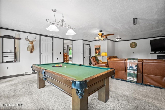 rec room featuring carpet flooring, billiards, ceiling fan, and a textured ceiling