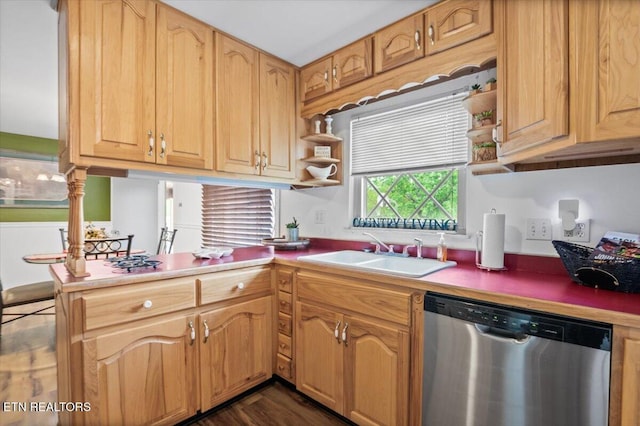 kitchen with light countertops, open shelves, a sink, and dishwasher
