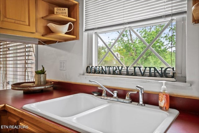 details with brown cabinetry, open shelves, and a sink