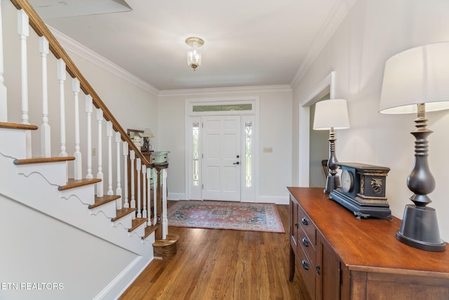 6605 Lammie Branch Ln, Knoxville, TN 37938 - foyer with dark wood-style flooring, stairway, ornamental molding, and baseboards