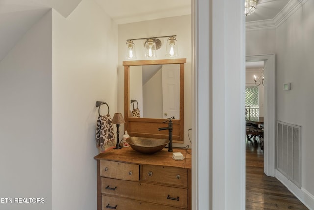 6605 Lammie Branch Ln, Knoxville, TN 37938 - bathroom with wood finished floors, vanity, and ornamental molding