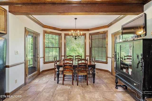 6605 Lammie Branch Ln, Knoxville, TN 37938 - dining room featuring a chandelier, baseboards, crown molding, and beamed ceiling