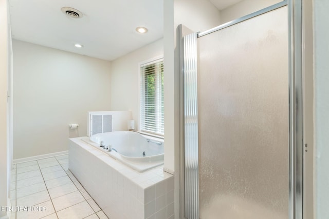 6605 Lammie Branch Ln, Knoxville, TN 37938 - bathroom featuring a stall shower, a whirlpool tub, tile patterned floors, baseboards, and recessed lighting