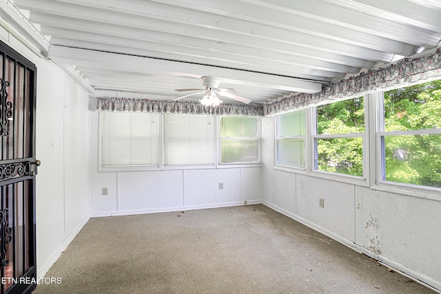 unfurnished sunroom featuring ceiling fan and beam ceiling