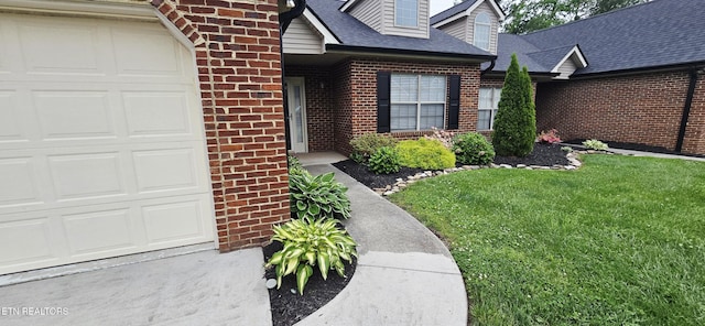 4808 Beverly Field Way, Knoxville, TN 37918 - doorway to property with a garage, brick siding, a lawn, and a shingled roof