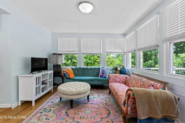 living area featuring wood finished floors and baseboards