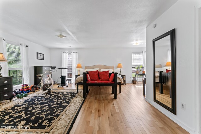 living area featuring light wood-style flooring and baseboards