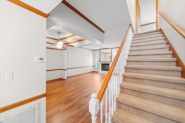 5039 Griffins Gate Ln, Knoxville, TN 37912 - stairs with wood finished floors, baseboards, ceiling fan, a glass covered fireplace, and ornamental molding