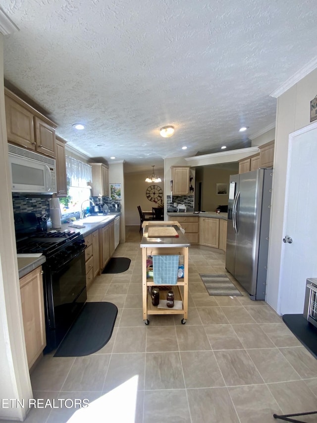 205 Browder Rd, Kingston, TN 37763 - kitchen with white microwave, black range with gas cooktop, backsplash, light brown cabinetry, and stainless steel fridge with ice dispenser