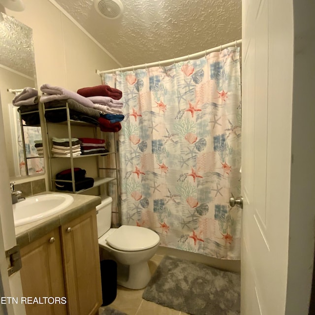 205 Browder Rd, Kingston, TN 37763 - full bathroom featuring toilet, a shower with curtain, vanity, a textured ceiling, and tile patterned floors