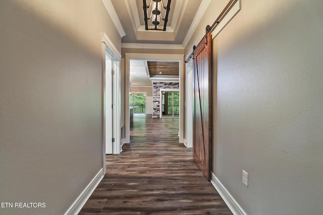 hallway with dark wood finished floors, baseboards, a barn door, ornamental molding, and a chandelier