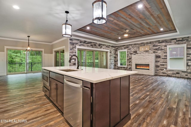 kitchen featuring stainless steel dishwasher, a sink, open floor plan, dark wood-style flooring, and a raised ceiling
