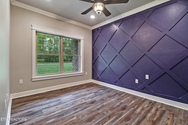 empty room with dark wood finished floors, ceiling fan, baseboards, and recessed lighting