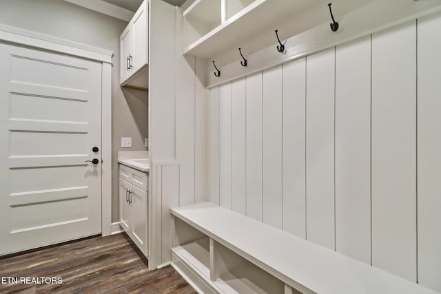 mudroom featuring dark wood finished floors