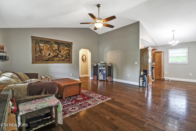 838 Buffalo Trl, Clarkrange, TN 38553 - living area with ceiling fan, wood finished floors, lofted ceiling, a chandelier, and baseboards