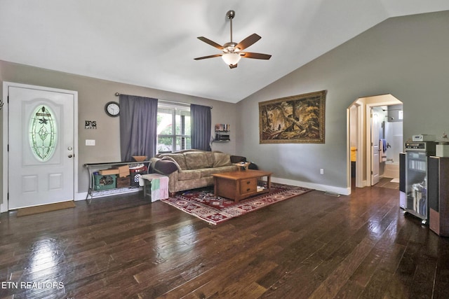 838 Buffalo Trl, Clarkrange, TN 38553 - living room featuring a ceiling fan, wood-type flooring, arched walkways, baseboards, and high vaulted ceiling