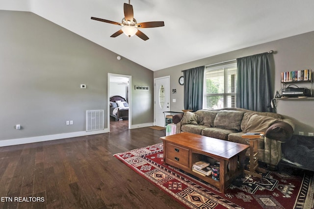 838 Buffalo Trl, Clarkrange, TN 38553 - living area featuring a ceiling fan, wood finished floors, baseboards, and high vaulted ceiling