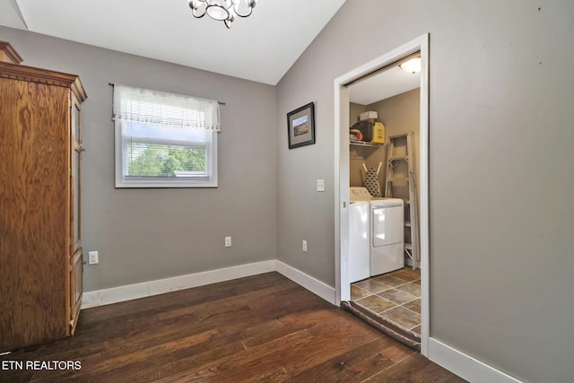 838 Buffalo Trl, Clarkrange, TN 38553 - clothes washing area featuring washer and clothes dryer, dark wood finished floors, baseboards, and a chandelier
