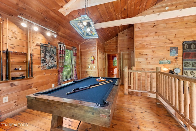 rec room featuring pool table, hardwood / wood-style floors, wooden walls, wood ceiling, and rail lighting