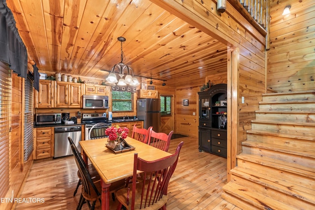 dining area featuring light wood-style flooring, wooden walls, a chandelier, and wood ceiling