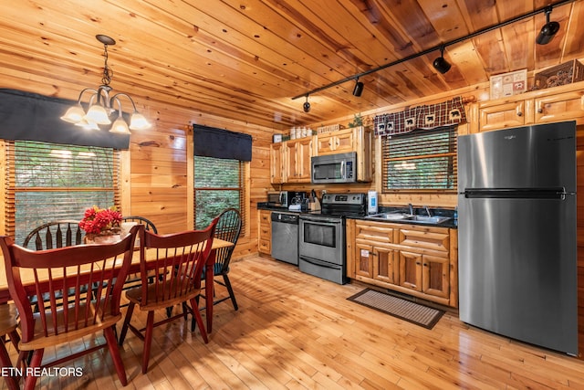 kitchen with stainless steel appliances, rail lighting, a sink, dark countertops, and wooden ceiling
