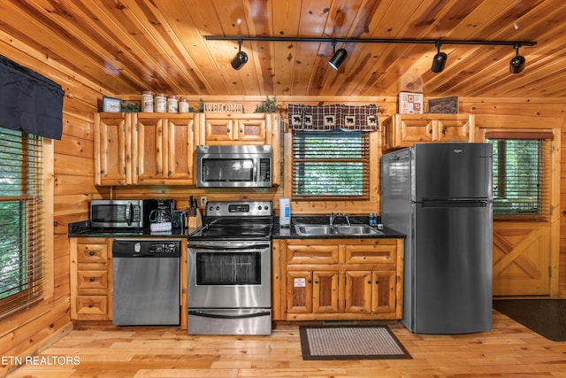 kitchen with appliances with stainless steel finishes, a sink, rail lighting, dark countertops, and wooden walls