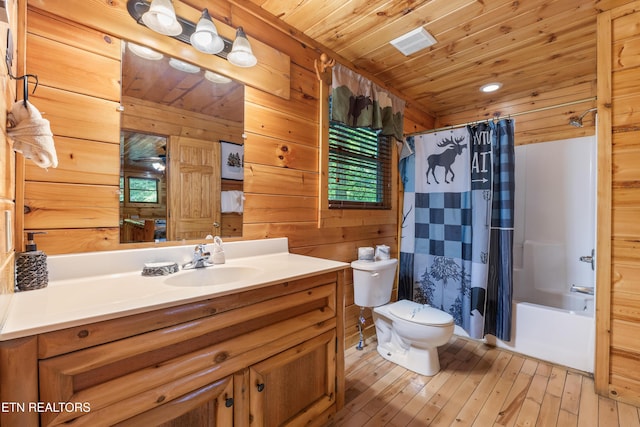 bathroom featuring wooden walls, toilet, wooden ceiling, vanity, and hardwood / wood-style flooring