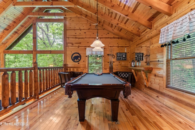 rec room featuring light wood finished floors, wooden walls, billiards table, and wooden ceiling