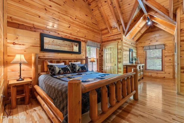 bedroom with wooden walls, wooden ceiling, beam ceiling, wood-type flooring, and high vaulted ceiling