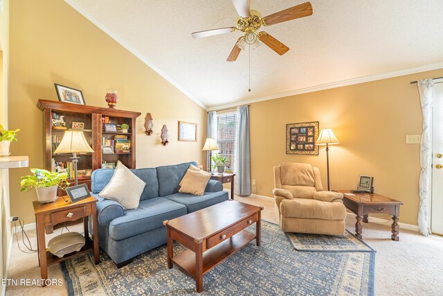 122 Hawthorne Oaks Way, Powell, TN 37849 - carpeted living area with vaulted ceiling, ceiling fan, ornamental molding, and baseboards