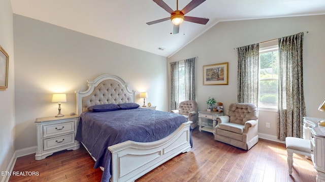 471 Roseland Ln, Lenoir City, TN 37772 - bedroom featuring hardwood / wood-style flooring, baseboards, vaulted ceiling, and ceiling fan