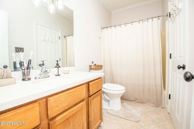 bathroom featuring crown molding, vanity, tile patterned flooring, toilet, and shower / tub combo