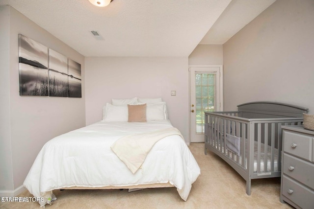 bedroom featuring light carpet, access to exterior, and a textured ceiling