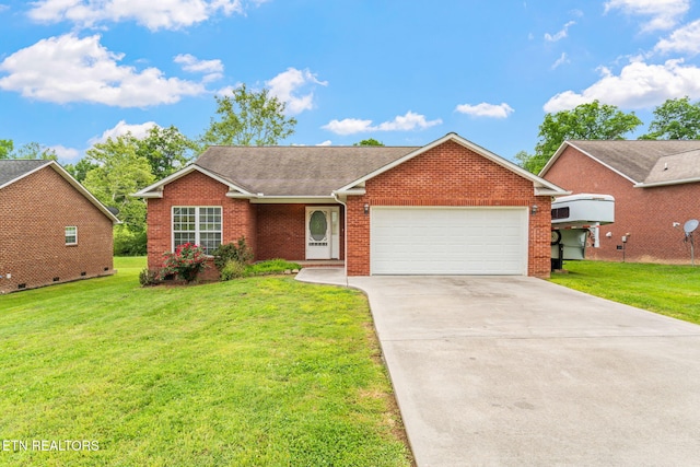 single story home with an attached garage, brick siding, driveway, a front lawn, and roof with shingles