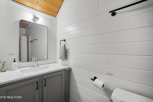 bathroom featuring vanity, toilet, wood walls, and curtained shower