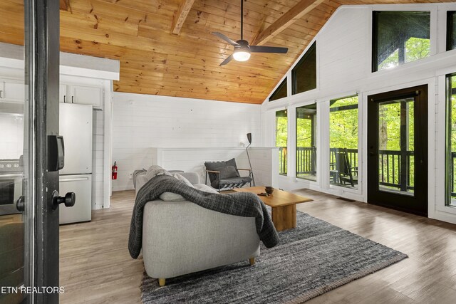 living area featuring plenty of natural light, high vaulted ceiling, wood ceiling, wooden walls, and a ceiling fan