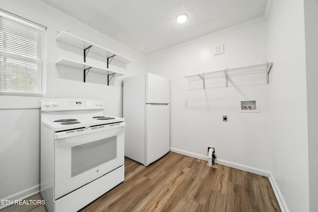 kitchen with white appliances, open shelves, light wood-style flooring, baseboards, and recessed lighting