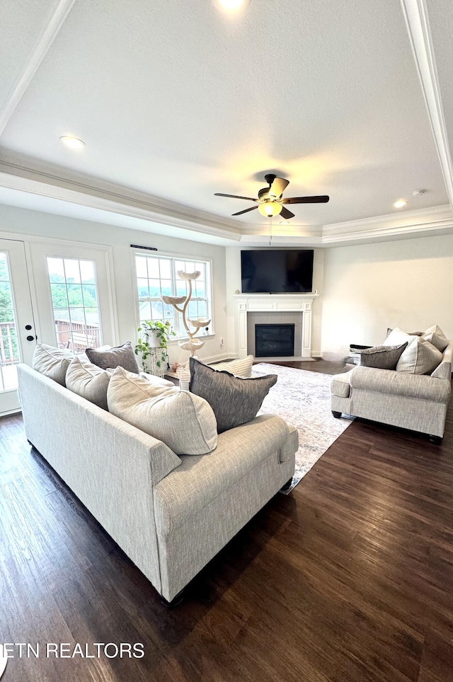 208 Cornerstone Cir, Clinton, TN 37716 - living area featuring ceiling fan, dark wood finished floors, a fireplace with flush hearth, crown molding, and recessed lighting