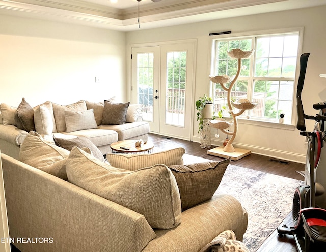 208 Cornerstone Cir, Clinton, TN 37716 - living area with crown molding, dark wood-style flooring, baseboards, a ceiling fan, and french doors