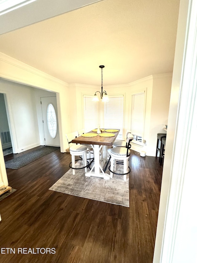 208 Cornerstone Cir, Clinton, TN 37716 - dining space with ornamental molding, dark wood-style floors, and a chandelier