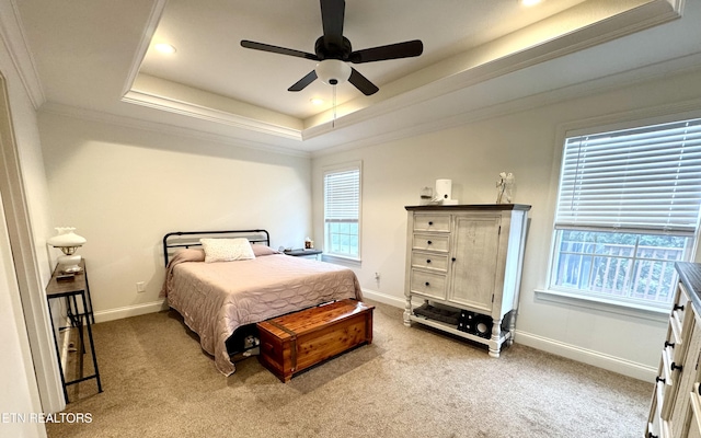 208 Cornerstone Cir, Clinton, TN 37716 - bedroom featuring a tray ceiling, ornamental molding, carpet, baseboards, and a ceiling fan