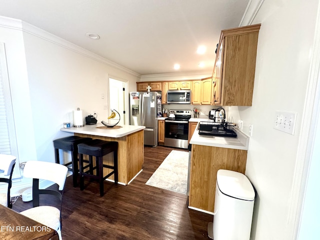 208 Cornerstone Cir, Clinton, TN 37716 - kitchen with stainless steel appliances, a peninsula, dark wood-style flooring, a sink, and light countertops